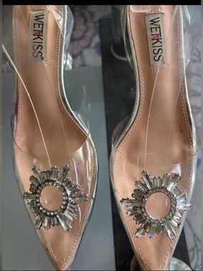 Wetkiss Clear Pointed-Toe Mule with Silver Crystal Sunburst